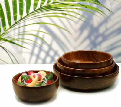 DecorEnBois Wooden Serving Bowl Wooden Handmade Serving Bowl For Salad, Snacks, Soup(Pack of 4, Brown)
