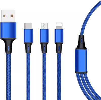 POZUB Micro USB Cable 2 A 1.3 m Multiple Pin Charger 3in1 Nylon Braided Fast Charging Cable Moblie Charging Pad(Compatible with All iOS, Type C, Android & Micro USB Other Devices, Blue, One Cable)