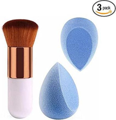 FOZZBY 1 Round Foundation Makeup Brush, 2 pieces makeup Sponge Blender (pack of 3), 3 Piece Set,(3 Items in the set)
