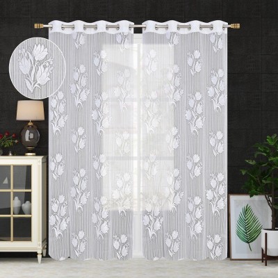HHF DECOR 153 cm (5 ft) Polyester Semi Transparent Window Curtain (Pack Of 2)(Floral, White)