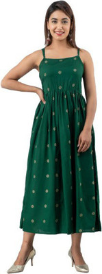 Vigeeyan Women Fit and Flare Green Below Knee Dress
