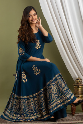 RopaDeModa Women Printed Anarkali Kurta(Blue)