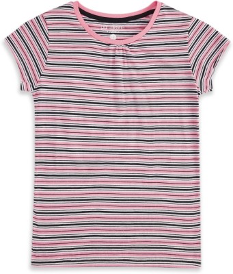 Pantaloons Junior Girls Striped Pure Cotton T Shirt(Pink, Pack of 1)
