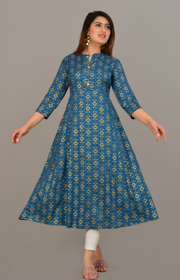 NEW4U Women Printed Flared Kurta(Blue)