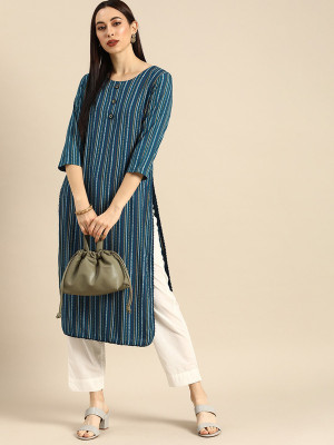 ANOUK Women Striped Straight Kurta(Dark Blue)