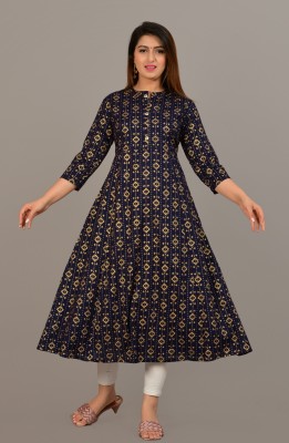 NEW4U Women Printed Flared Kurta(Dark Blue)