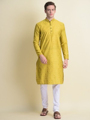 Namaskar Men Printed Straight Kurta(Yellow)