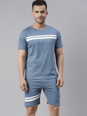 Bushirt Men Striped Light Blue Night Suit Set