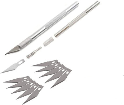 Kandle Detail Pen Knife with 20 Interchangeable Sharp Blades Plastic Grip Hand-held Paper Cutter(Set Of 1, Silver)