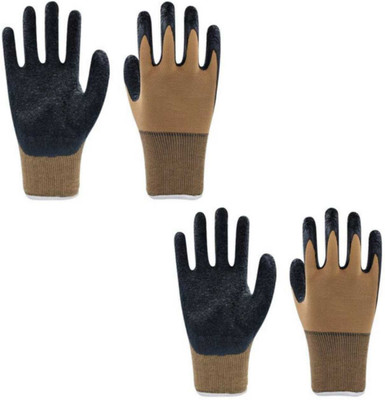 Aatrangi Brown Nylon With Black Crinkle Garden Gloves Reusable Rubber Coated Work Gloves Synthetic  Safety Gloves(Pack of 4)
