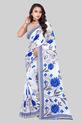 Leelavati Floral Print Bollywood Georgette Saree(White, Blue)