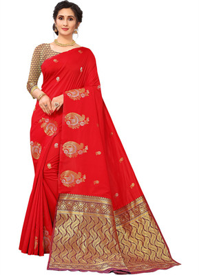 Endues Woven Banarasi Silk Blend, Cotton Silk Saree(Red)