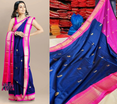 KALATEEKA Woven Paithani Cotton Silk Saree(Light Blue)