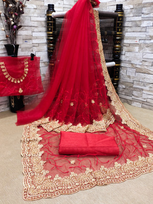 ZIVANTIX Embroidered, Embellished Bollywood Net Saree(Red)