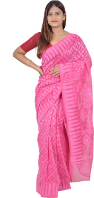 SAYAN CREATION Self Design Jamdani Cotton Blend Saree(Pink)