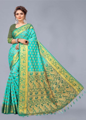 DHRUVIL TEXTILES Woven Banarasi Cotton Silk Saree(Blue)