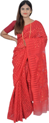 SAYAN CREATION Self Design Jamdani Cotton Blend Saree(Red)
