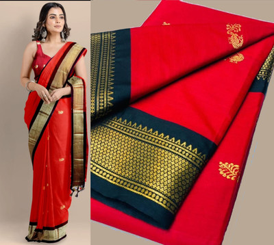 KALATEEKA Woven Paithani Cotton Silk Saree(Red)