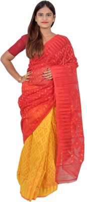 SAYAN CREATION Self Design Jamdani Cotton Blend Saree(Red, Yellow)