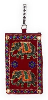 Unique Fashion Embroidered Red Multi-color Elephant Design velvet Mobile pouch / sling bag Mobile Pouch