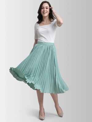 Ptvize Solid Women Flared Light Green Skirt