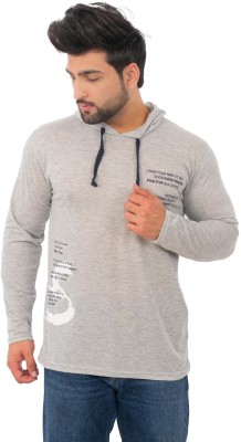 SKYBEN Printed Men Hooded Neck Grey T-Shirt