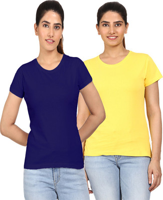 AODACH Solid Women Round Neck Blue, Yellow T-Shirt