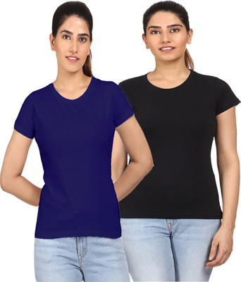 AODACH Solid Women Round Neck Blue, Black T-Shirt