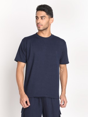 CHKOKKO Solid Men Round Neck Blue T-Shirt