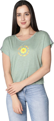 NUEVOSDAMAS Printed Women Round Neck Light Green T-Shirt