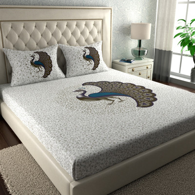 LA VERNE Cotton Double Flat 144 TC Jaipuri Prints Bedsheet(Pack of 1, Beige)