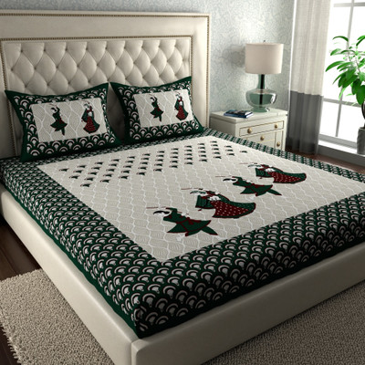 LA VERNE 144 TC Cotton Double Jaipuri Prints Flat Bedsheet(Pack of 1, Green)