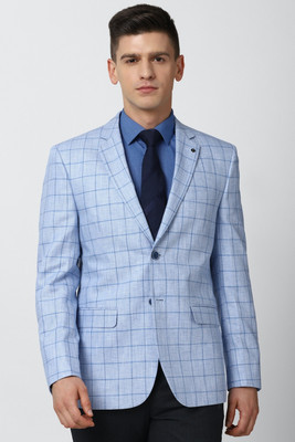 VAN HEUSEN Checkered Single Breasted Formal Men Blazer(Blue)
