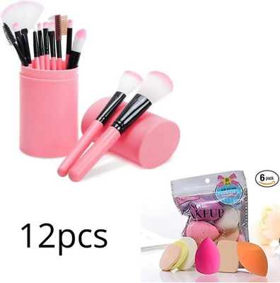 Lazubix Professional 12 Piece Makeup Brush Set With Box with 6in1 Makeup Sponge Pack(Pack of 18)