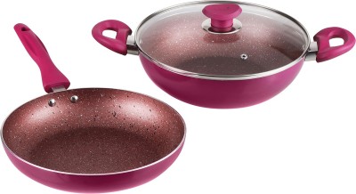 VINOD Lilac Non-Stick Cookware Set With 1 Common Glass Lid - Frypan & Kadhai Induction Bottom Non-Stick Coated Cookware Set(PTFE (Non-stick), 2 - Piece)