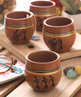 VarEesha Pack of 4 Terracotta Ethnic Hand painted Kulhad Cups Set of Four(Brown, Cup)