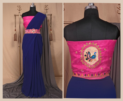 PLOCEUS Solid/Plain Bollywood Georgette Saree(Dark Blue)