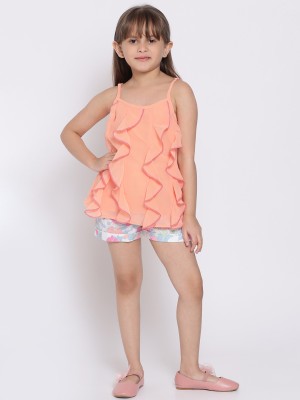 NautiNati Girls Casual Top Shorts(Peach)