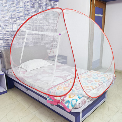 ShreejiHuf Polyester Adults Washable Mosquito Net Polyster Fodeble for Single Bed White Color and Red Patti Mosquito Net(Red, Bed Box)