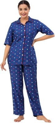 ASHRU Women Geometric Print Blue Shirt & Pyjama set