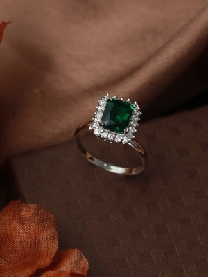 Priyaasi Priyaasi Emerald Green Silver Plated Solitaire Ring Brass Brass Plated Ring