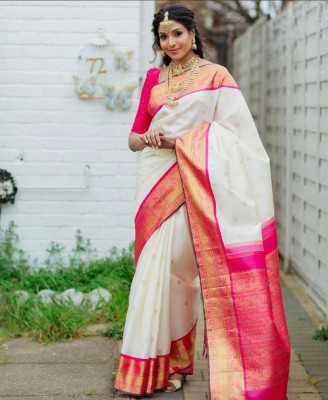 Krishanas Woven Kanjivaram Pure Silk Saree(White)