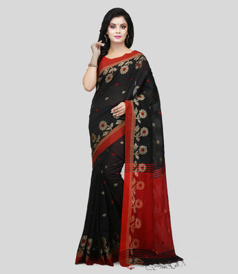 Mystory Woven Handloom Handloom Cotton Silk Saree(Red, Black)