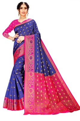 harsh fashions Woven Banarasi Cotton Silk Saree(Blue, Pink)