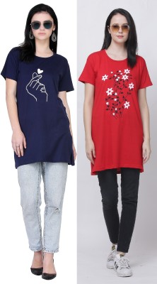 RG TRENDS Printed Women Round Neck Red, Navy Blue T-Shirt