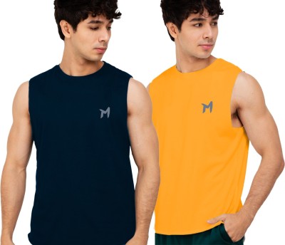 mebadass Solid Men Round Neck Yellow, Navy Blue T-Shirt