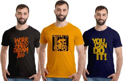 Boodbuck Graphic Print Men Round Neck Dark Blue, Black, Yellow T-Shirt