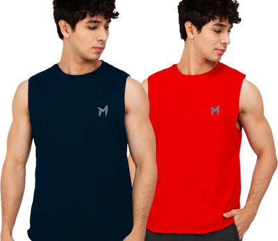mebadass Solid Men Round Neck Red, Navy Blue T-Shirt
