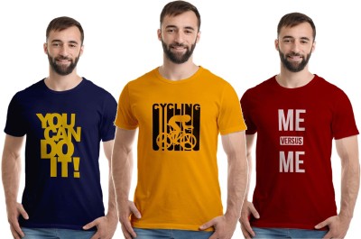 Boodbuck Graphic Print Men Round Neck Dark Blue, Maroon, Yellow T-Shirt