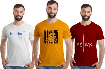 Boodbuck Graphic Print Men Round Neck White, Maroon, Yellow T-Shirt